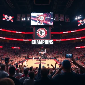 Fans celebrating at the Oklahoma City Thunder championship banner ceremony