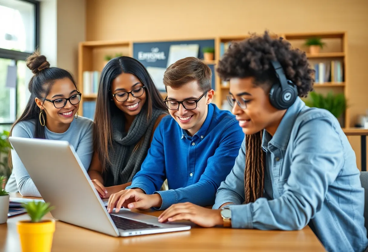 Diverse group of students studying online and collaborating
