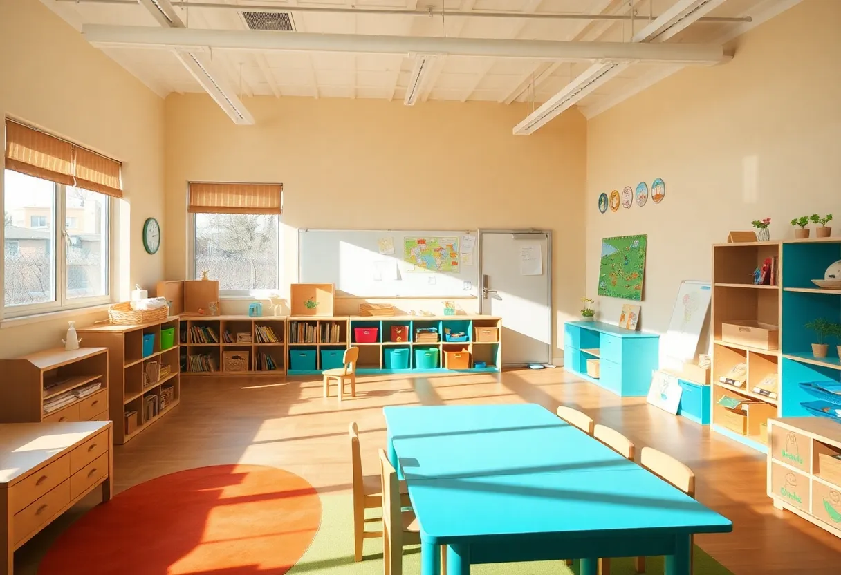 Montessori classroom featuring educational materials and multi-age learning setup