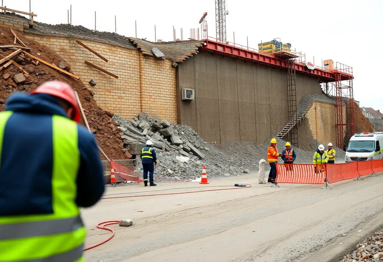 Construction site showing a collapsed retaining wall with responders on the scene.