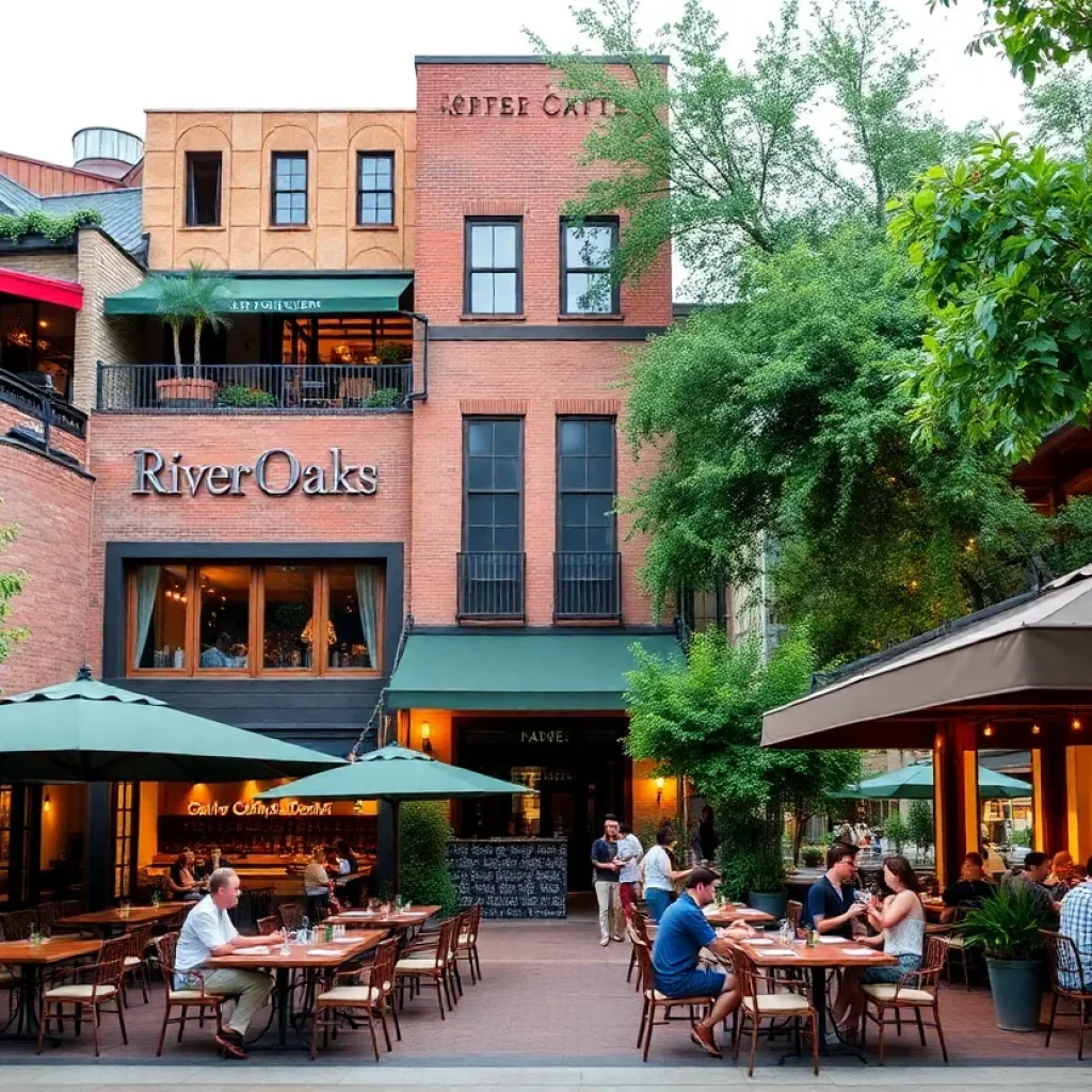 A variety of restaurants in River Oaks, Houston, with outdoor seating and vibrant decor.