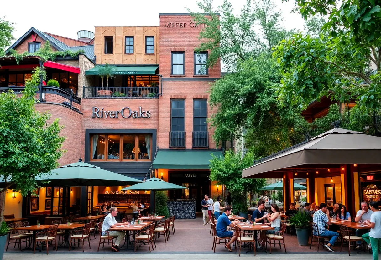 A variety of restaurants in River Oaks, Houston, with outdoor seating and vibrant decor.