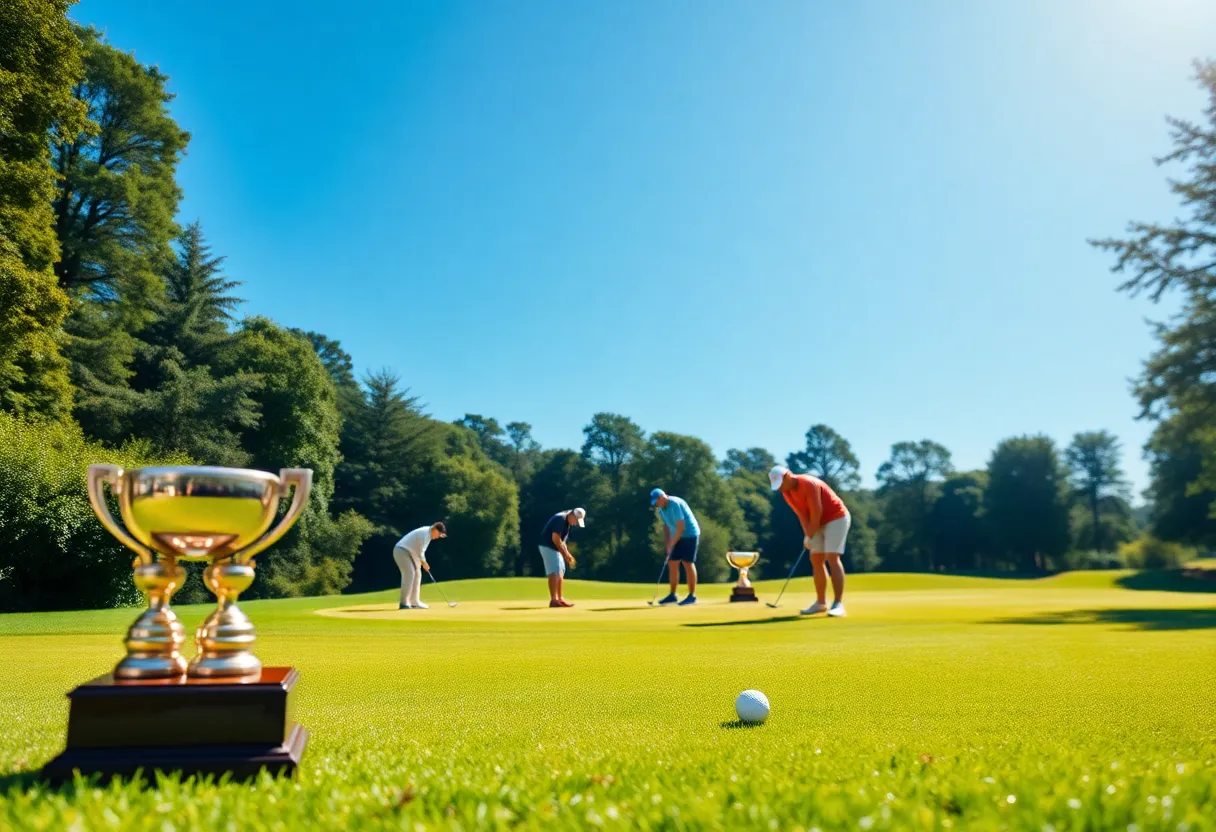 Women golfers practicing on a golf course with trophies in the background.