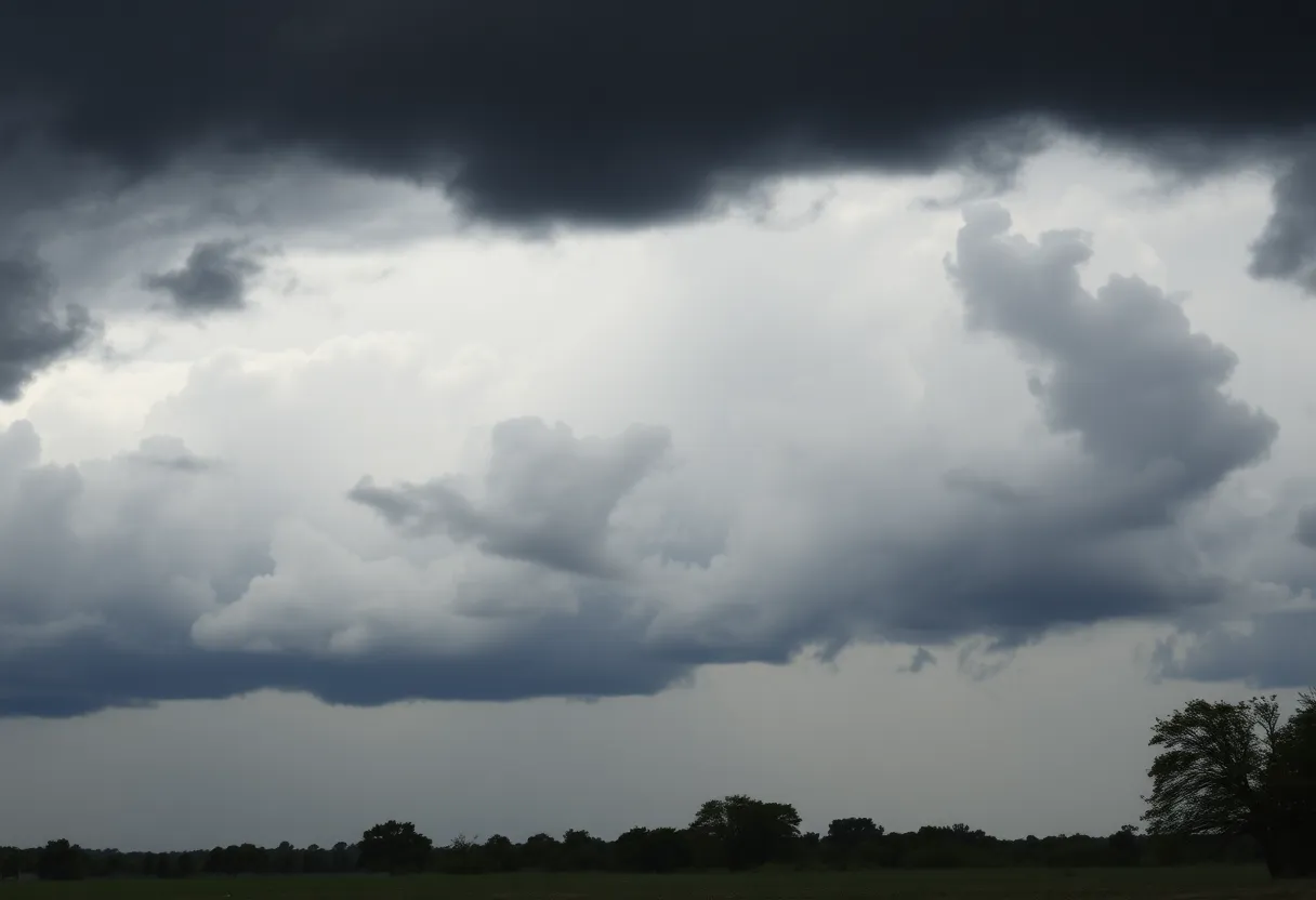 Dark storm clouds over Texas landscape signaling heavy rain