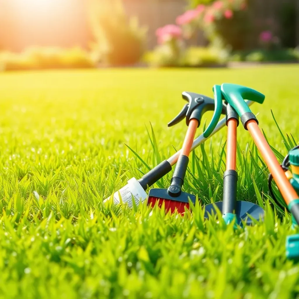 SpringGreen lawn care service equipment and a family working together on a lawn.