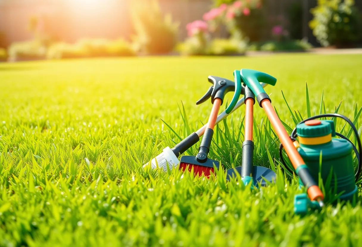 SpringGreen lawn care service equipment and a family working together on a lawn.