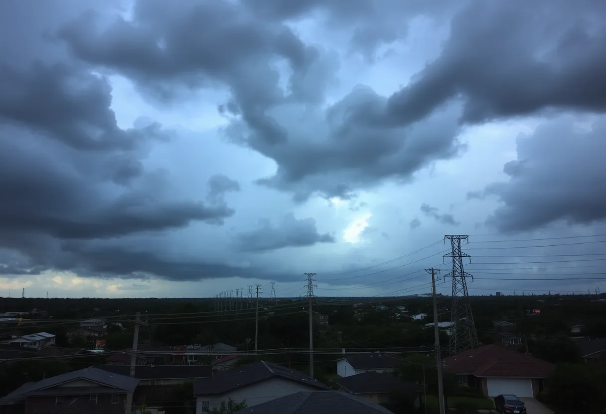 Stormy clouds over Houston with visible power lines.