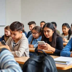 Students in a classroom without cell phones, focused on their learning