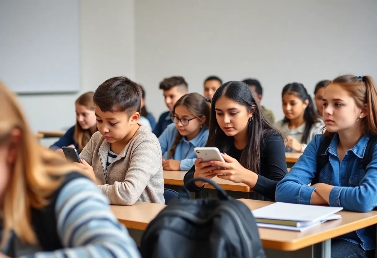 Students in a classroom without cell phones, focused on their learning