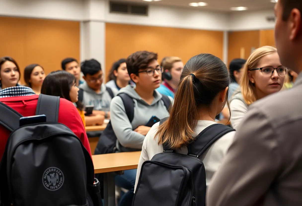 Students in a classroom without cell phones, focusing on their teacher.