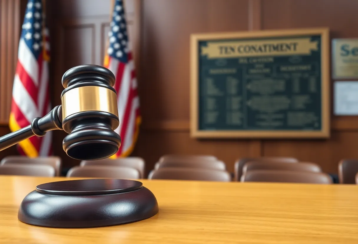 Courtroom with a judge's gavel and a classroom display of the Ten Commandments