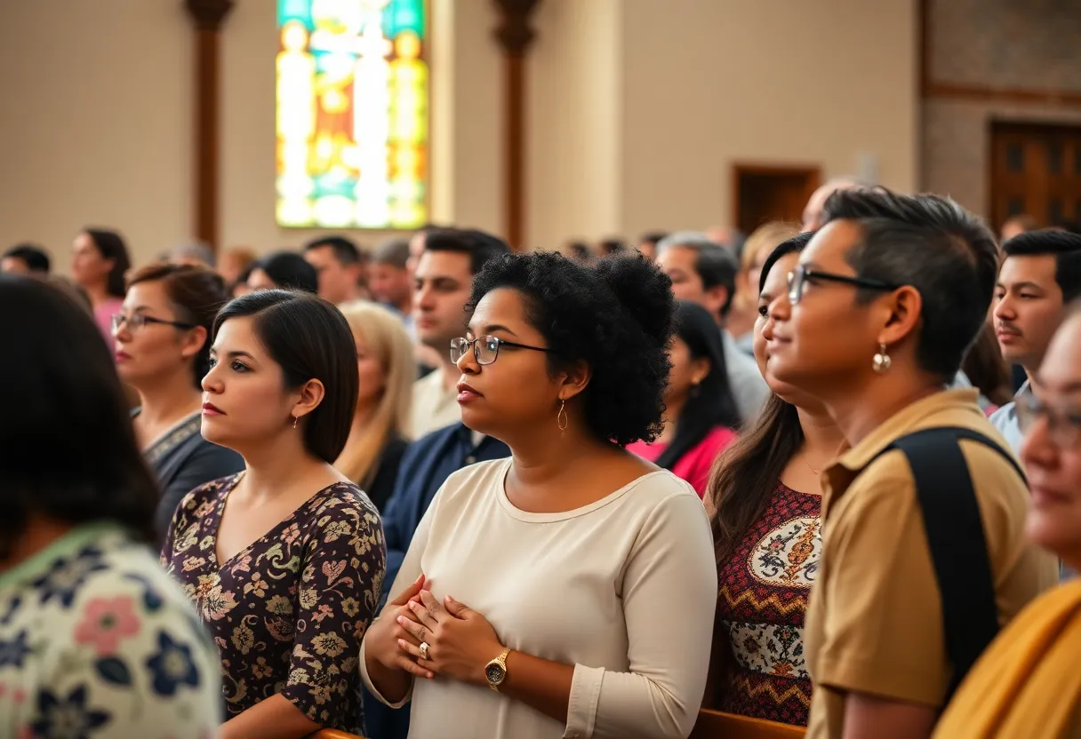 Bilingual church service with diverse attendees showing support for immigrants