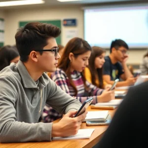 Students in a classroom without electronic devices, focusing on their studies.