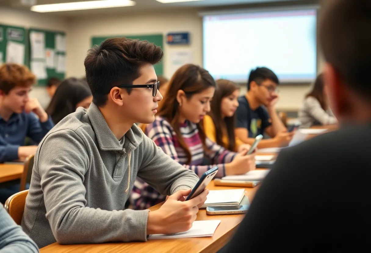 Students in a classroom without electronic devices, focusing on their studies.
