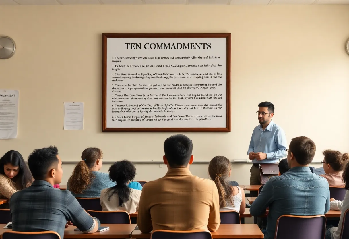 Classroom with Ten Commandments poster on the wall and diverse students participating in a discussion