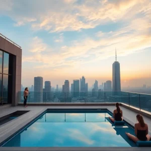 Participants practicing yoga at the Thompson Houston hotel rooftop