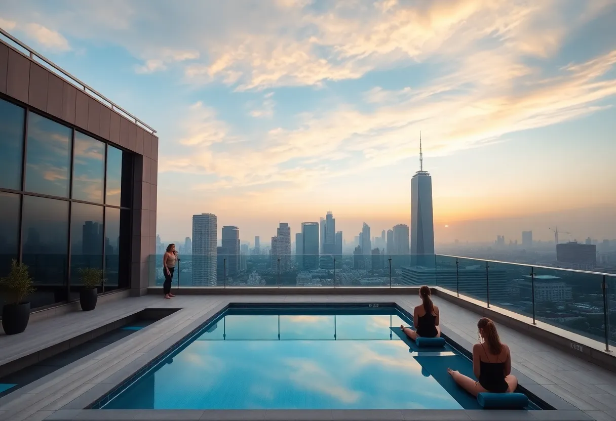 Participants practicing yoga at the Thompson Houston hotel rooftop