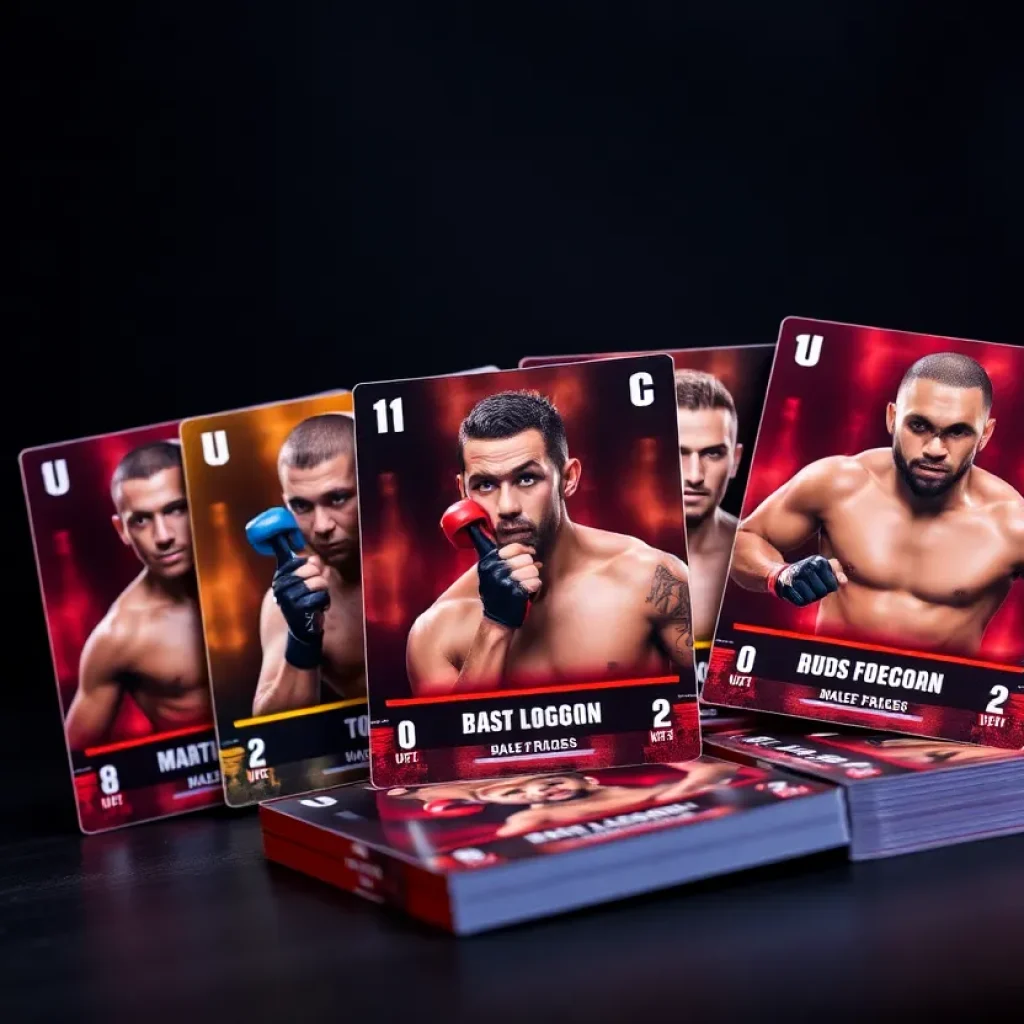 Display of Topps Midnight UFC trading cards featuring various fighters