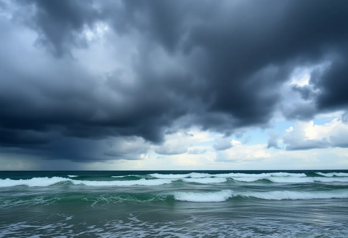 Dark storm clouds over the Gulf of Mexico indicating a tropical storm approaching.