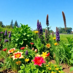 A diverse array of unique edible plants thriving in a Houston garden.
