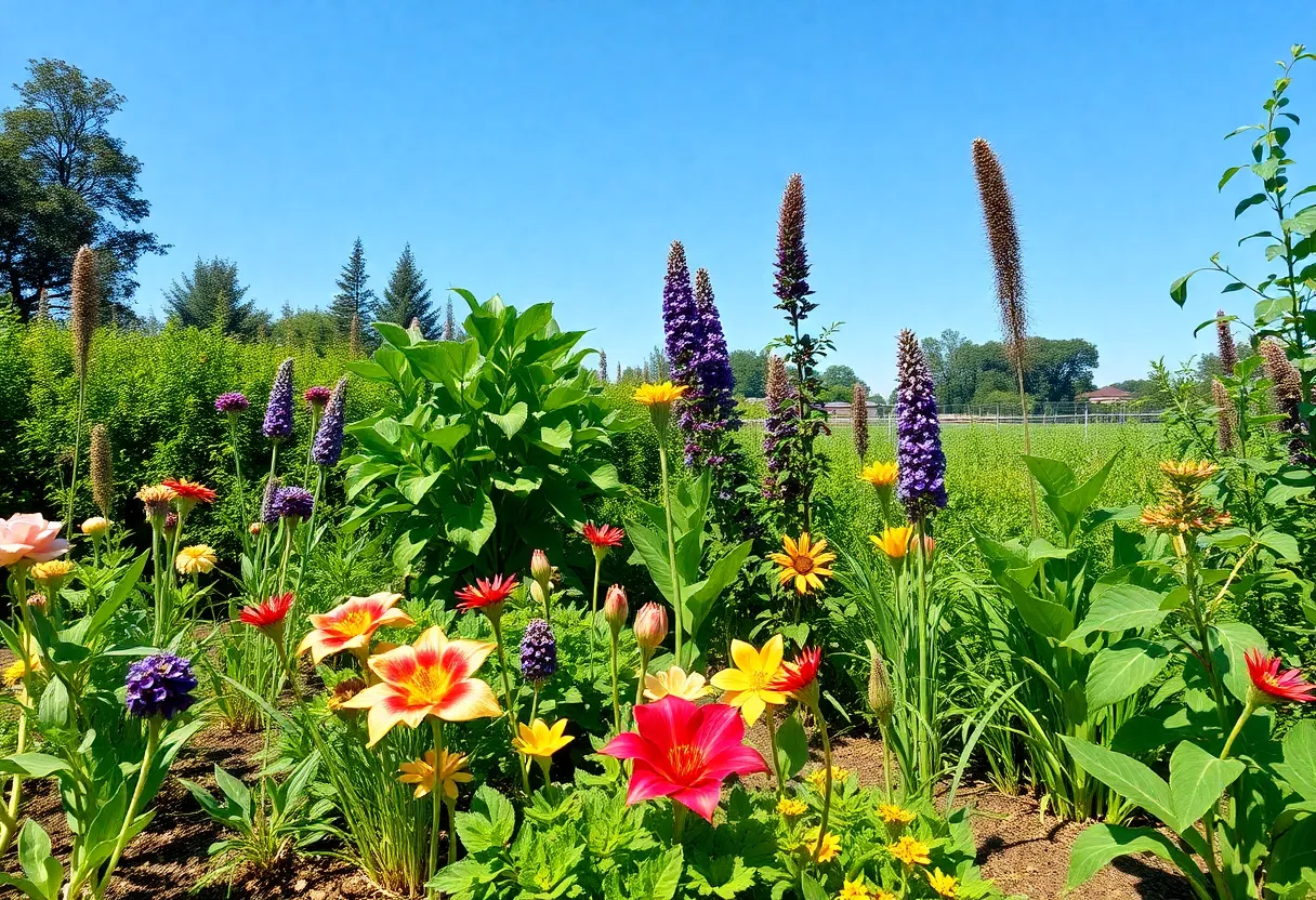 A diverse array of unique edible plants thriving in a Houston garden.