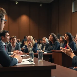 Debate competition scene reflecting tension and concern