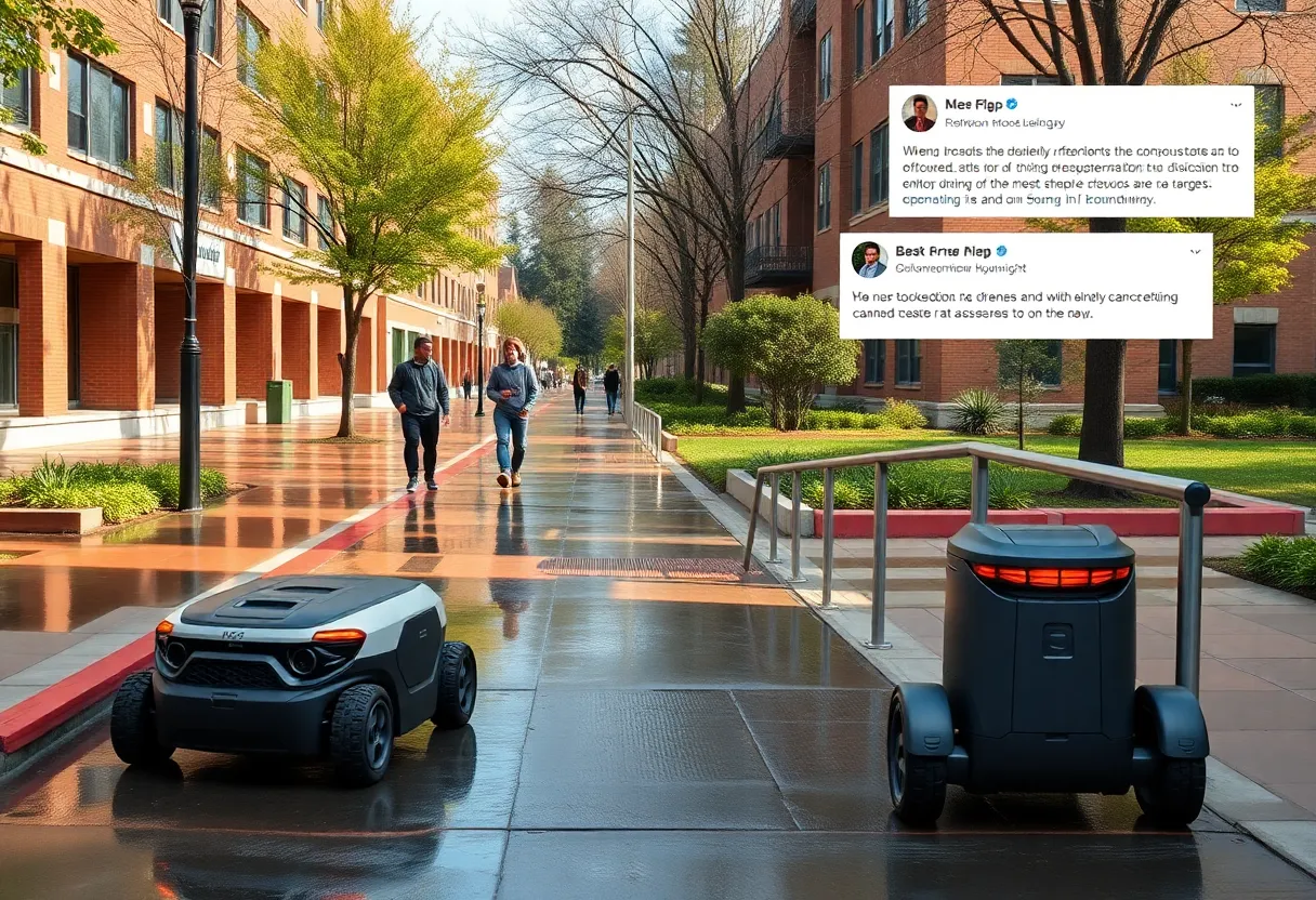 Flooded sidewalk with delivery robots obstructing access ramps at the University of Houston