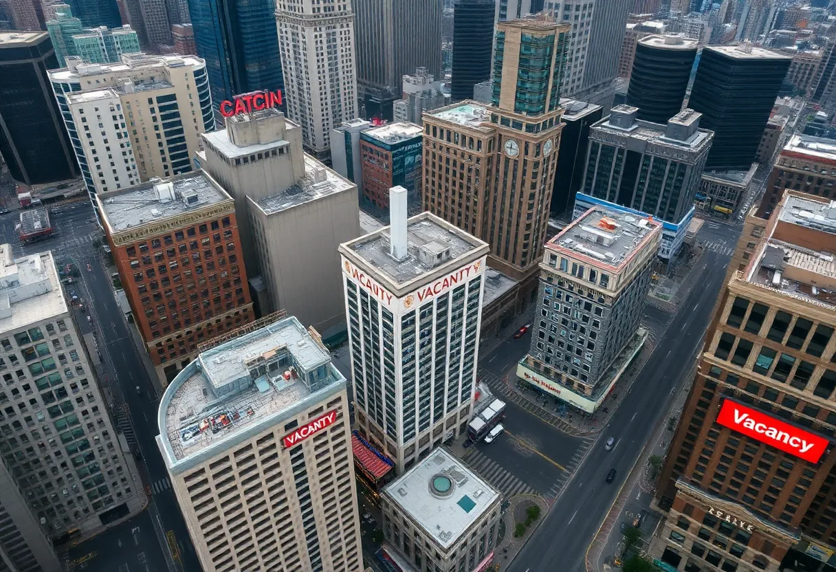 Aerial view of hotel district showing vacancy signs