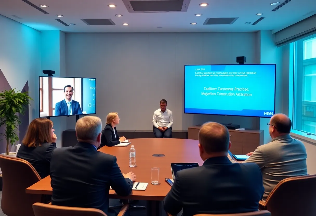 Participants engaged in a virtual webinar about construction arbitration advocacy.