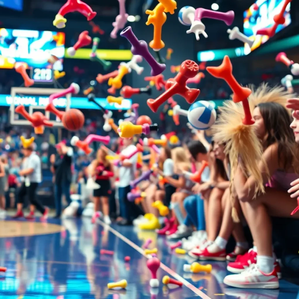 Scene of a WNBA game disrupted by thrown objects.