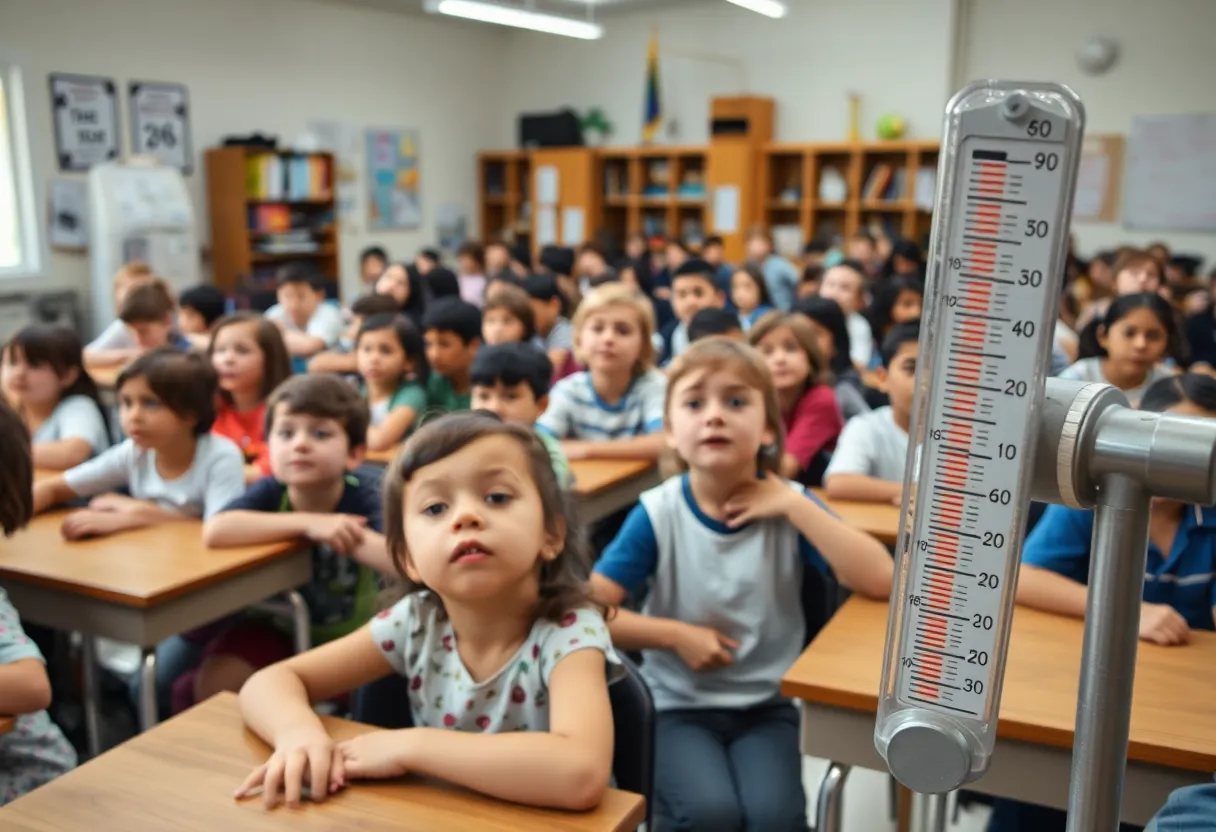 Students in a hot classroom at Anderson Elementary School