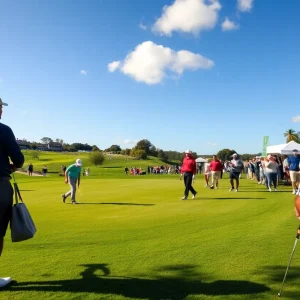 Golfers competing at the Aramco Houston Championship with families in attendance.