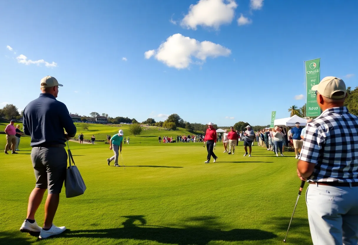 Golfers competing at the Aramco Houston Championship with families in attendance.