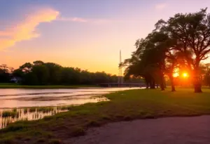 Brays Bayou at sunset with trees along the water