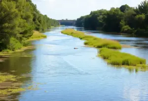 Peaceful view of Brays Bayou with lush greenery