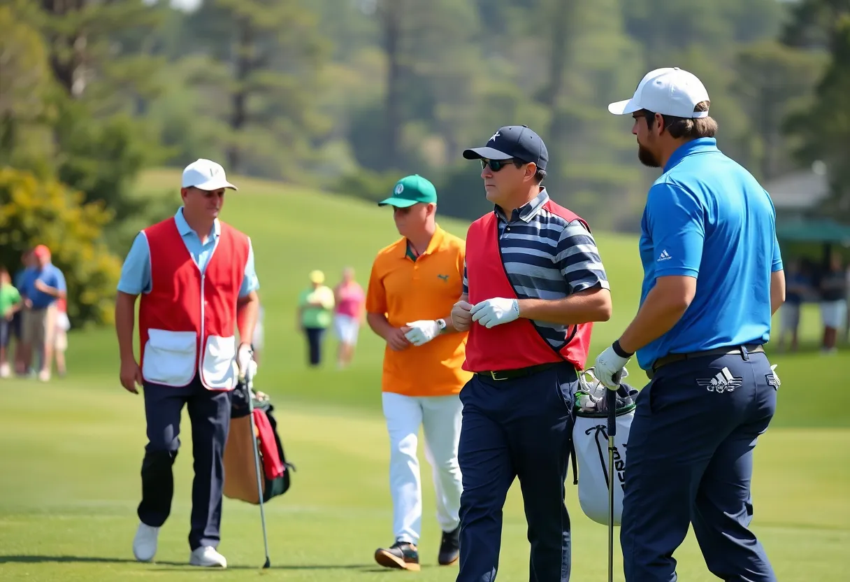 Caddies supporting golfers during a professional tournament