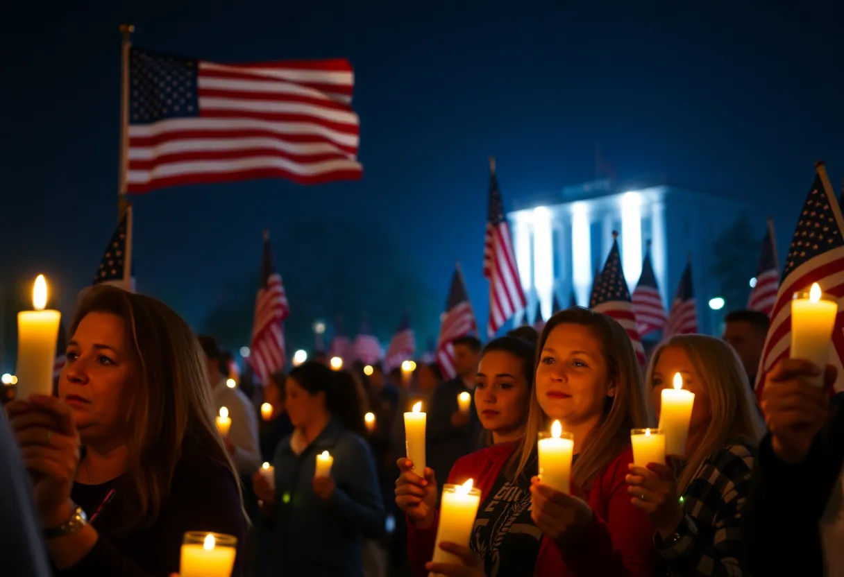 Candlelight vigil with students holding candles and flags in a respectful gathering.