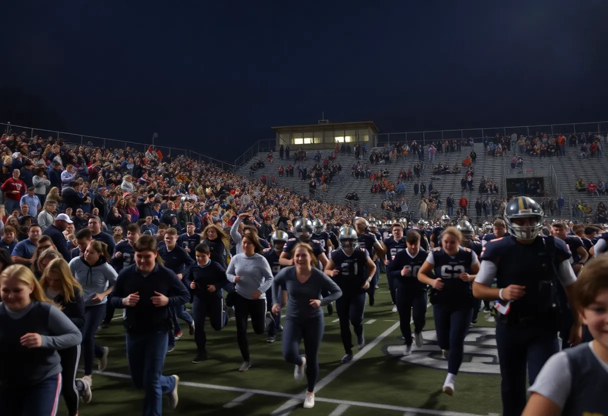 Crowd rushing at a high school football game in Houston