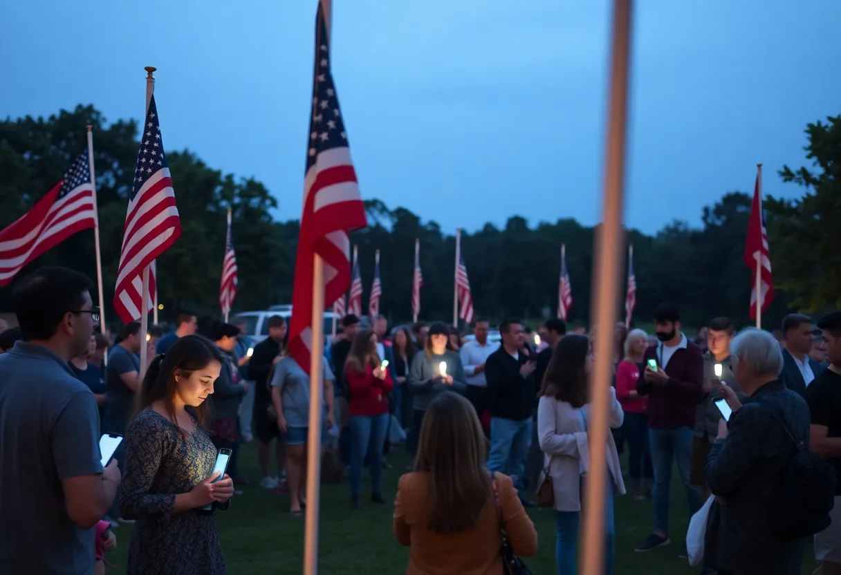 Vigil gathering with candles and flags honoring Charlie Kirk