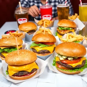 Assorted cheeseburgers and fries on a festive table.