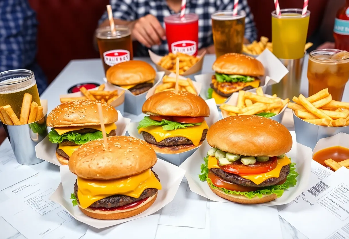 Assorted cheeseburgers and fries on a festive table.