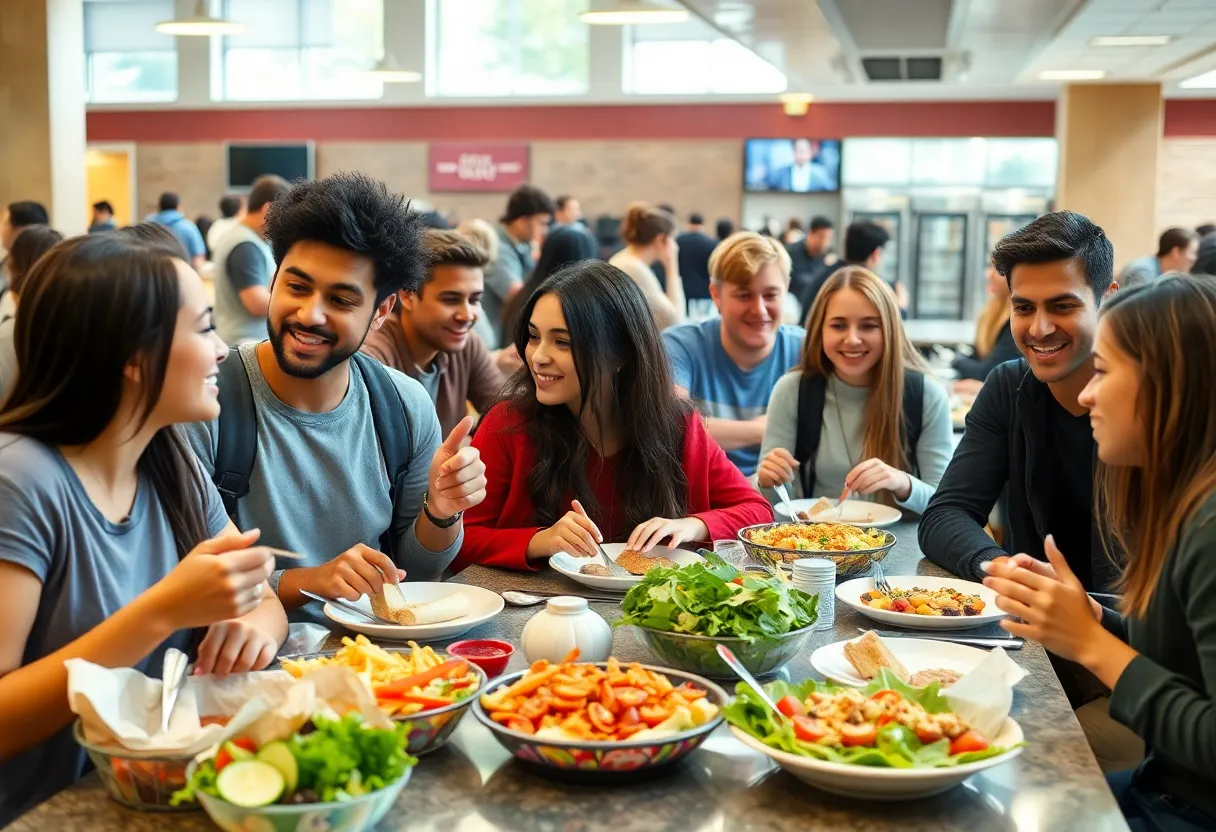 Students enjoying a variety of food options in a college cafeteria