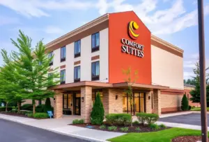 Exterior view of the Comfort Suites Hotel in Houston.