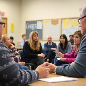 Parents discussing Wilkinson Elementary School closure in a community meeting