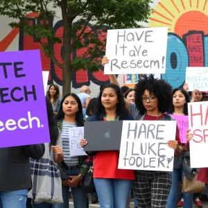 A diverse group participating in a rally against hate speech in Houston