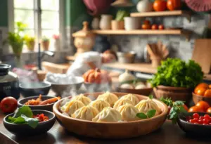A kitchen filled with dumpling-making ingredients