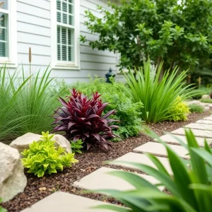 Eco-friendly landscape features native plants and sustainable materials in Houston.