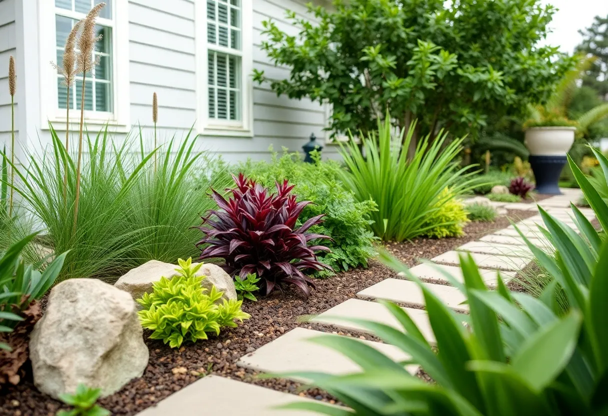Eco-friendly landscape features native plants and sustainable materials in Houston.