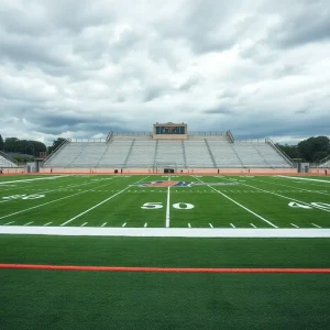 Empty football field representing the cancellation of a game