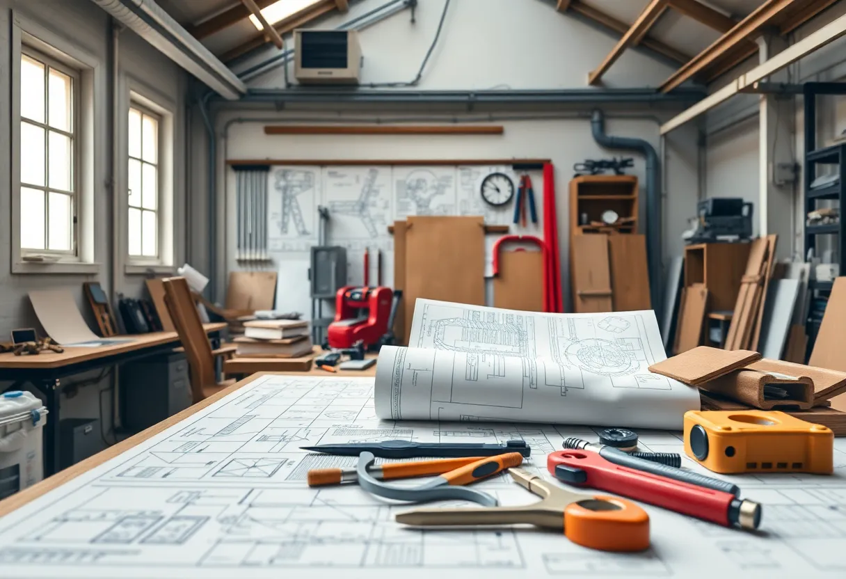 A serene workspace showcasing engineering tools and blueprints.